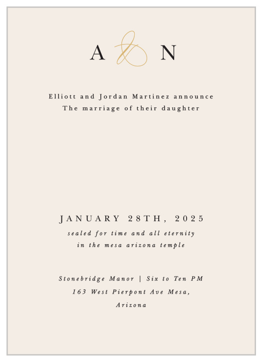 Our Modern Monogram LDS Wedding Invitations bring family and friends together to attend your big day.