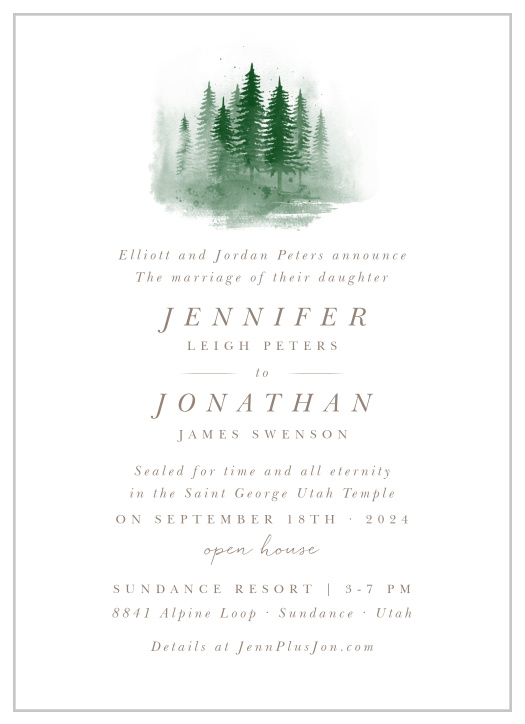 Bring loved ones together for your special day when you send out our Watercolor Pines LDS Wedding Invitations.