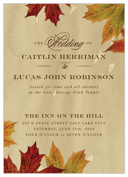 Request the presence of family and friends on your big day with our Leaves of Fall LDS Wedding Invitations.
