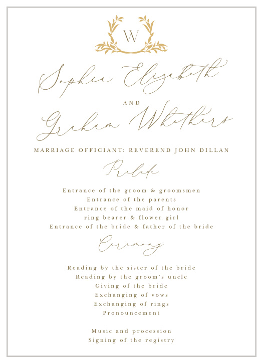 Help your friends and family follow along with each step down the aisle with our classically elegant Golden Crest Wedding Programs.