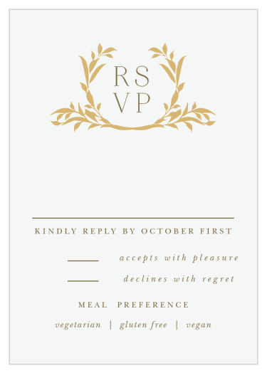 Conveniently gather your guest list with the elegant calligraphy, timeless typography, and gilded crest of our elegant Golden Crest Response Cards.