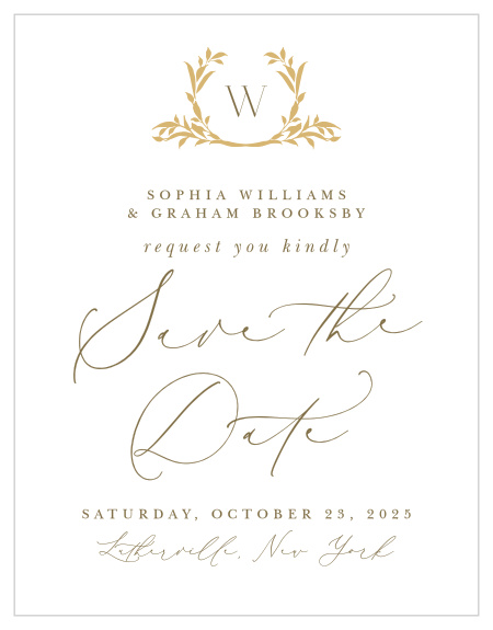 Announce your upcoming wedding with the elegant calligraphy, timeless typography, and gilded crest of our stylish Golden Crest Save the Date Magnets.