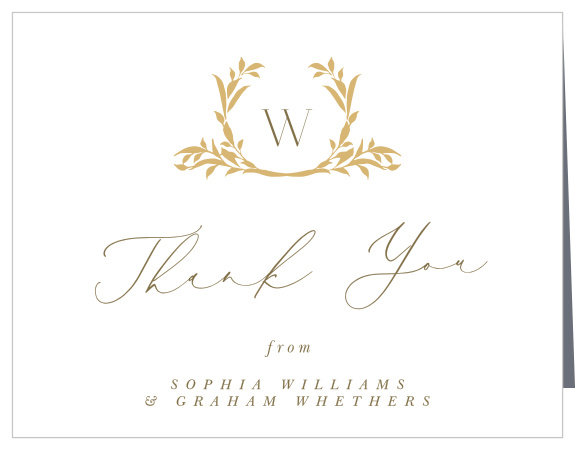 Show your friends and family your heartfelt appreciation with the elegant calligraphy and timeless typography of our stylish Golden Crest Wedding Thank You Cards.