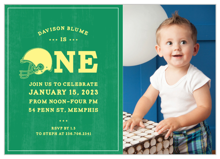 Gather your close family and friends to celebrate your little one's special day with our Football Helmet First Birthday Invitations.