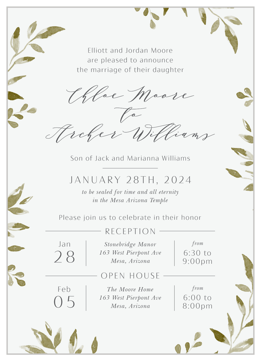 Evergreen Leaves LDS Wedding Invitations