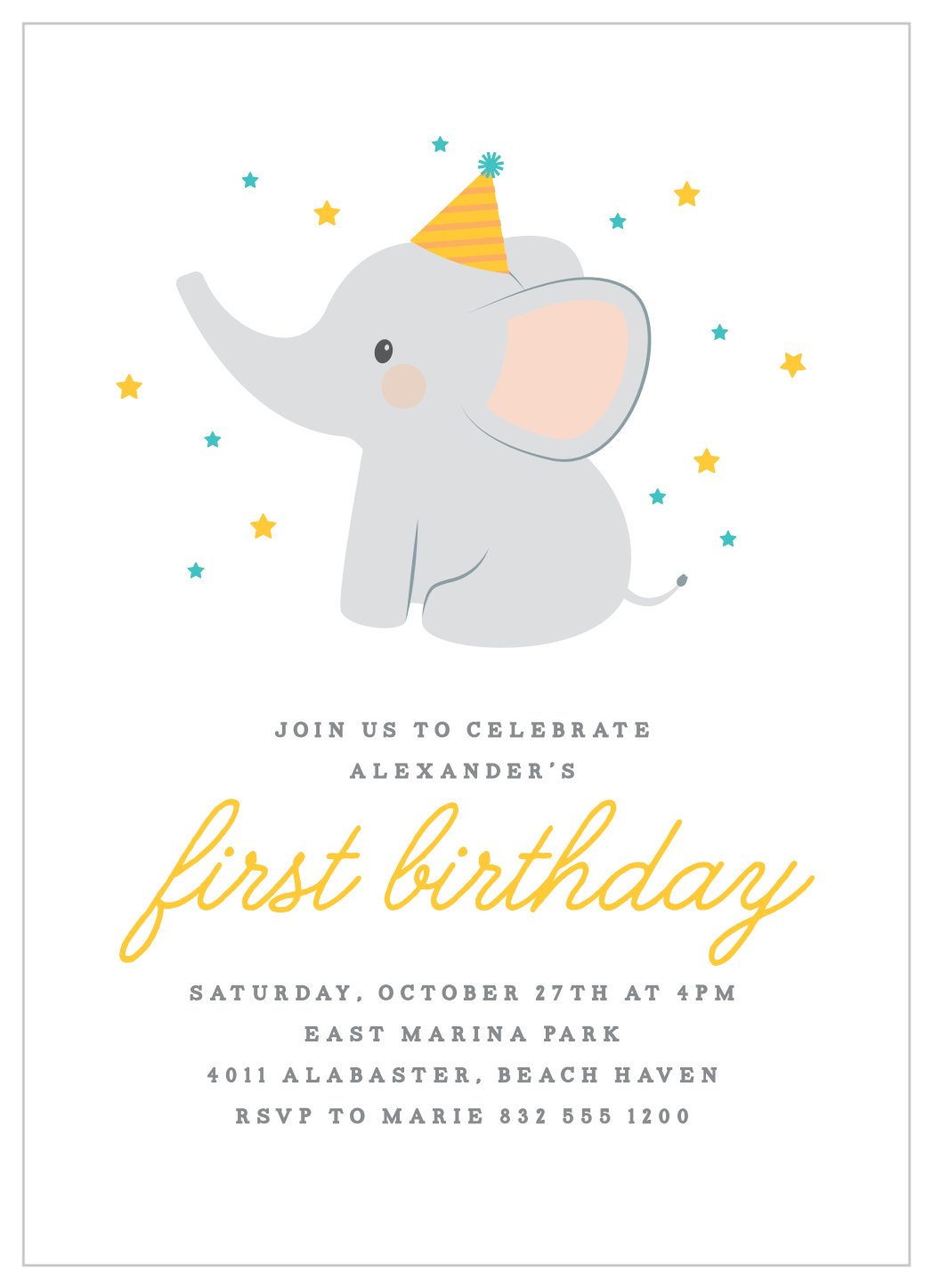 Party Elephant First Birthday Invitations