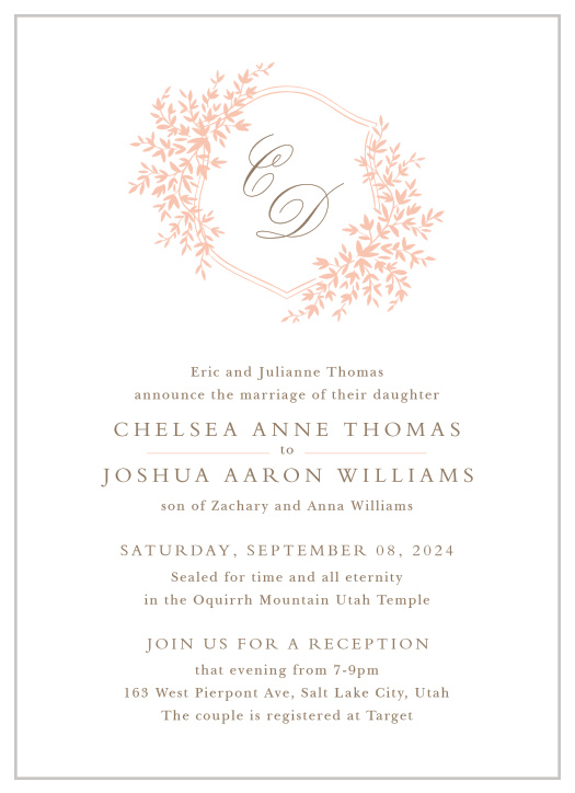 Bring family and friends together to celebrate your big day with our softly romantic Garden Crest LDS Wedding Invitations.