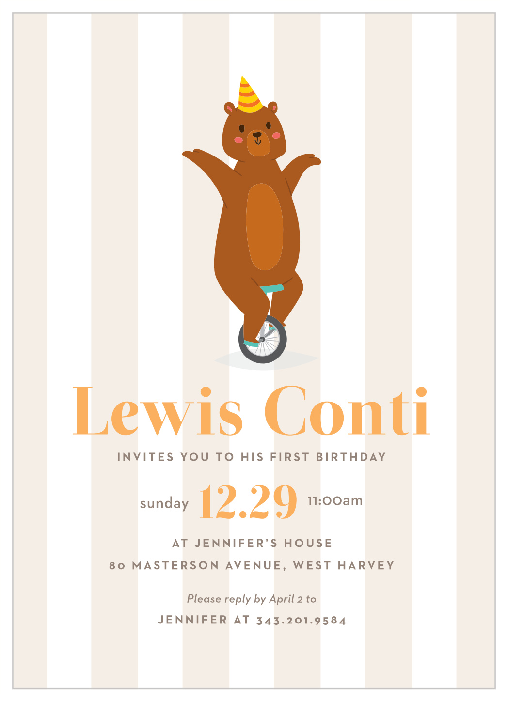 Bear Unicycle First Birthday Invitations