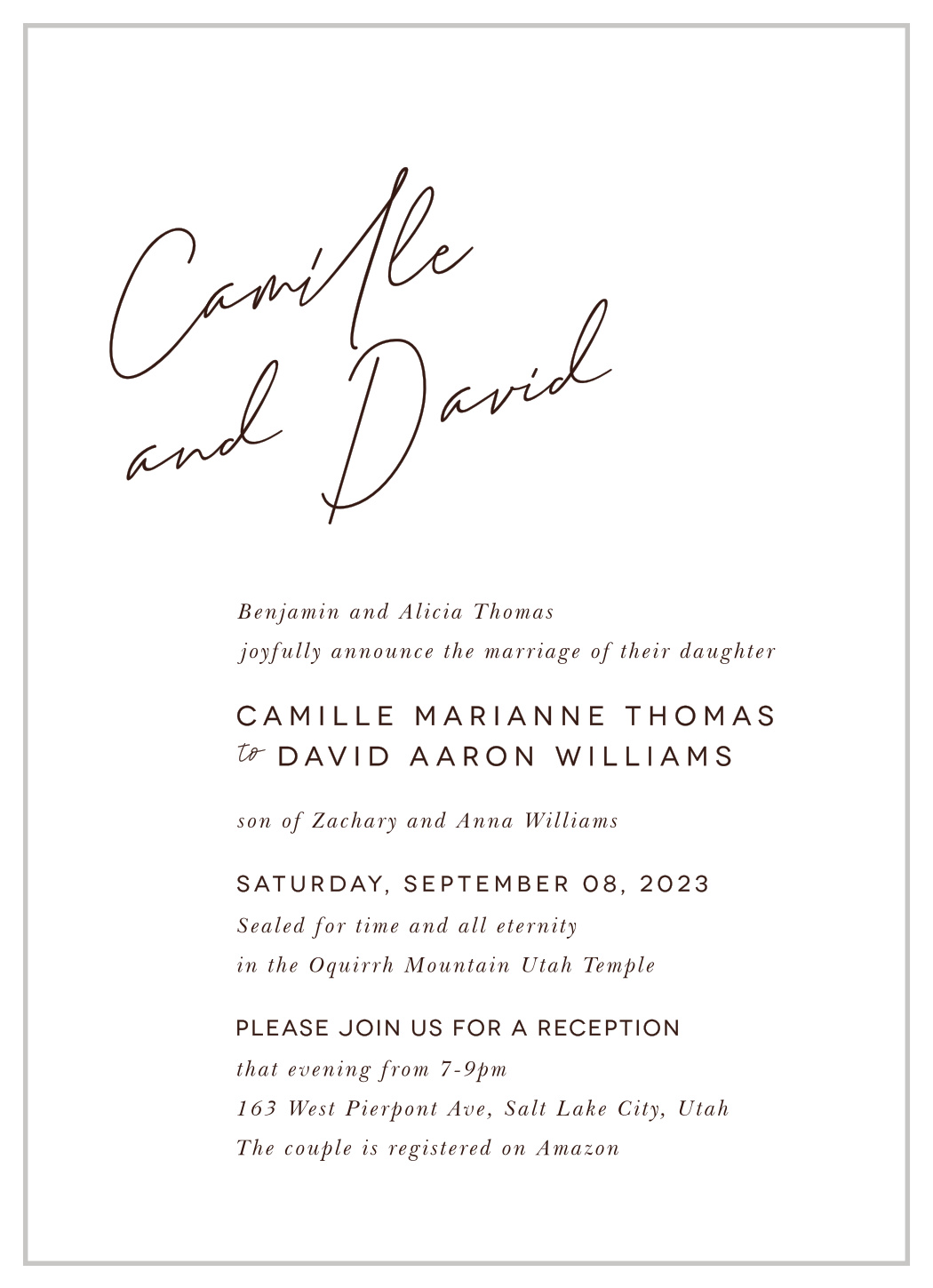 Names in Script LDS Wedding Invitations
