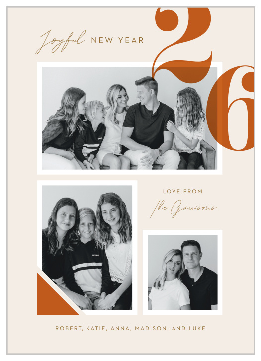 Ring in the new year with joyful wishes for your loved ones with the warm colors and bold accents of our stylish New Year Joy New Years Cards.