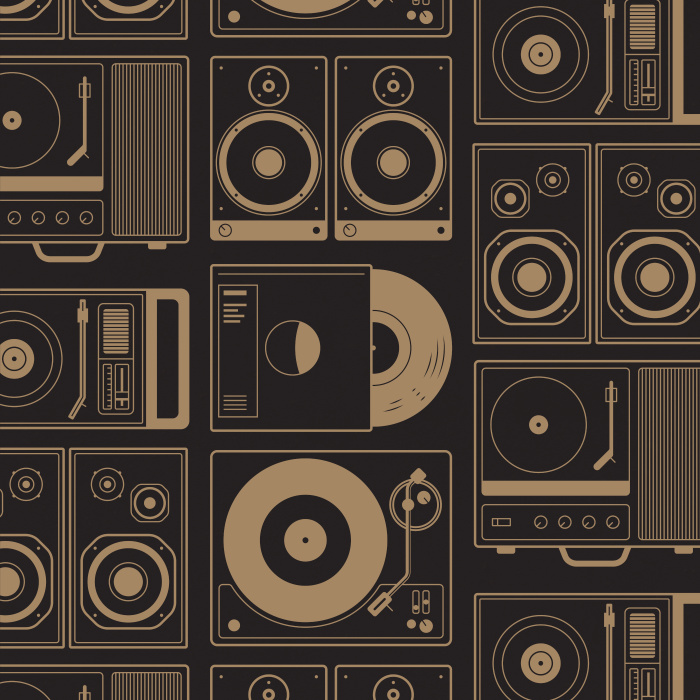 Add some funky vintage flair to your music related space with our Record Players Peel and Stick Removable Wallpaper.