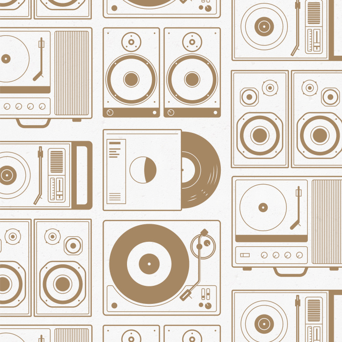 Add some funky vintage flair to your music related space with our Record Players Peel and Stick Removable Wallpaper.