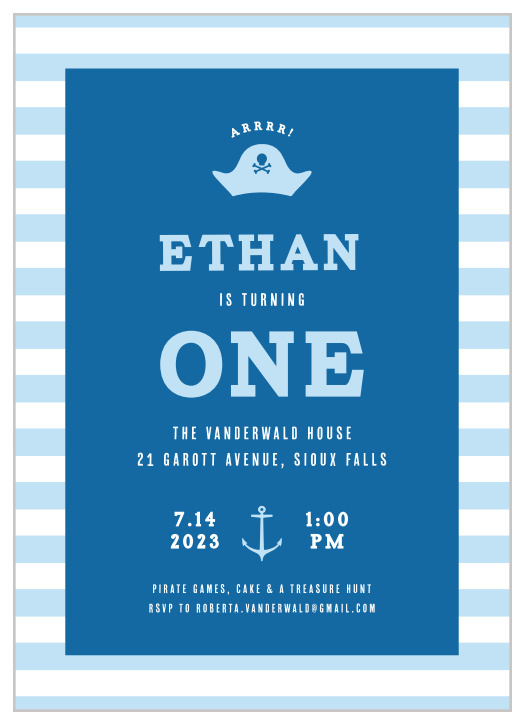 Gather family and friends to celebrate your little one's big day with our Pirate Hat First Birthday Invitations.