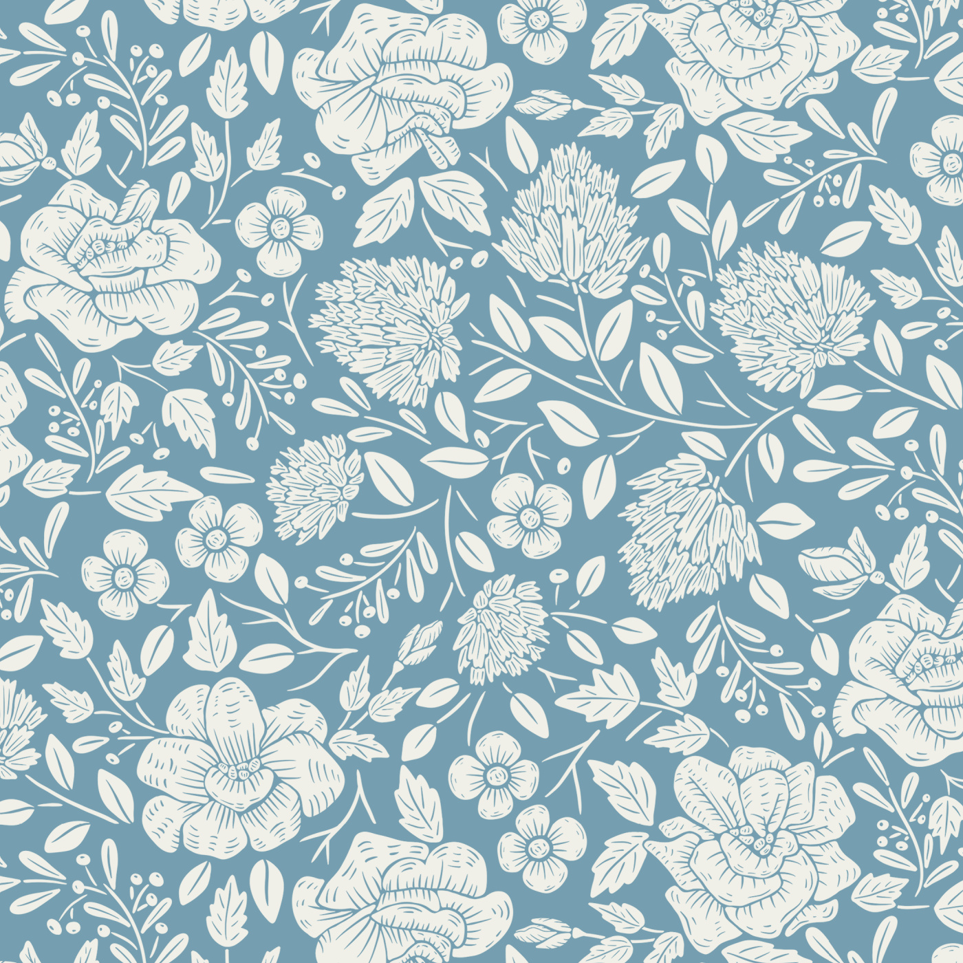 Dark Navy Floral Garden Pattern Wallpaper