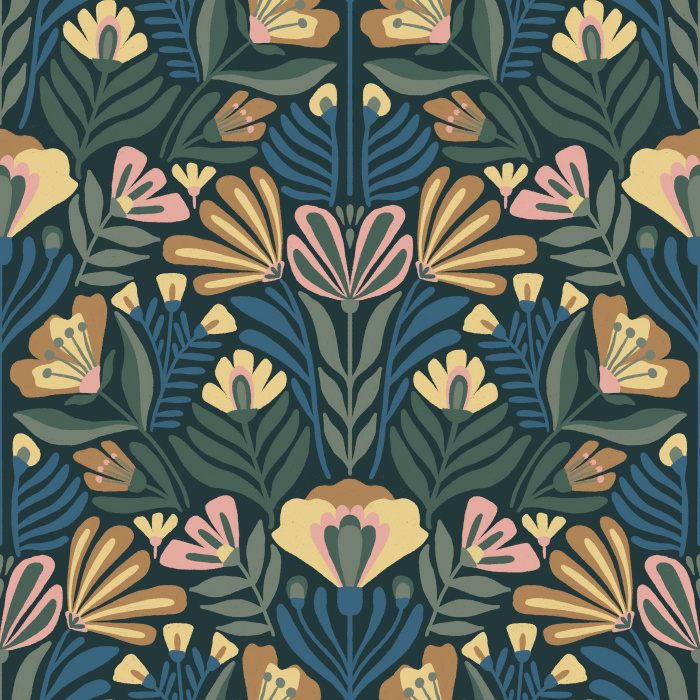 A damask style pattern of hand drawn florals, in blue-greens, soft golds, and purple our Damask Blooms Peel and Stick Removable Wallpaper is sure to make a statement on any wall.