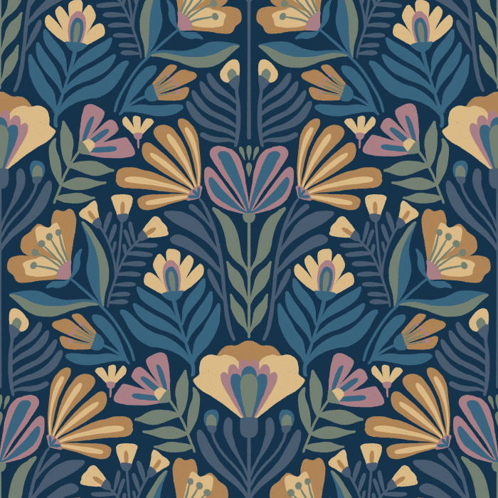A damask style pattern of hand drawn florals, in blue-greens, soft golds, and purple our Damask Blooms Peel and Stick Removable Wallpaper is sure to make a statement on any wall.