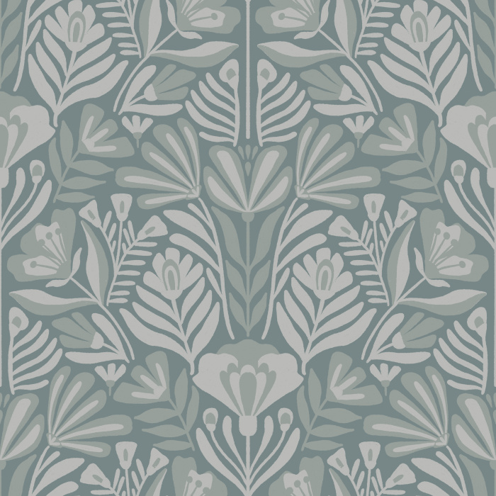 A damask style pattern of hand drawn florals, in blue-greens, soft golds, and purple our Damask Blooms Peel and Stick Removable Wallpaper is sure to make a statement on any wall.