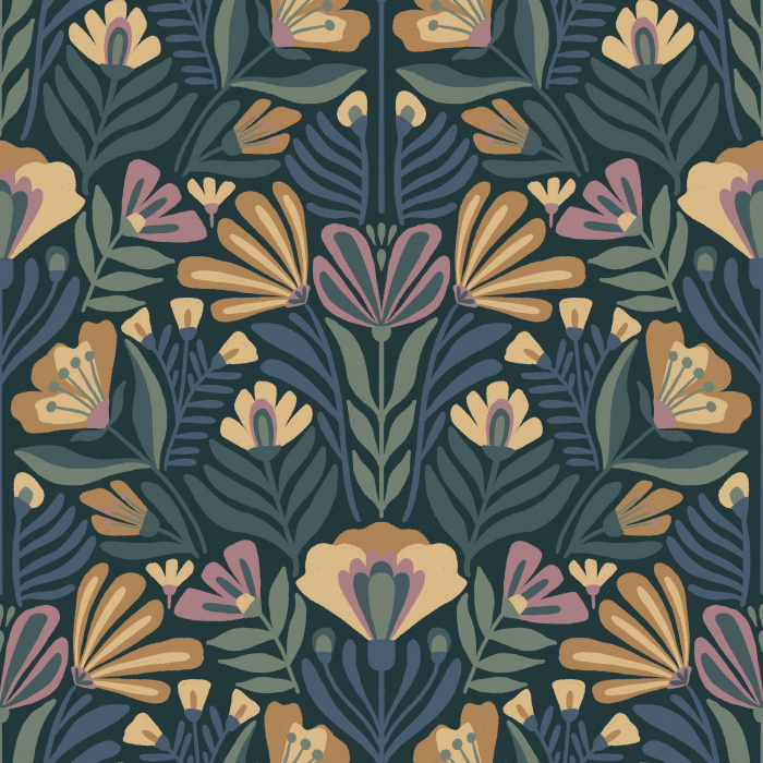 A damask style pattern of hand drawn florals, in blue-greens, soft golds, and purple our Damask Blooms Peel and Stick Removable Wallpaper is sure to make a statement on any wall.