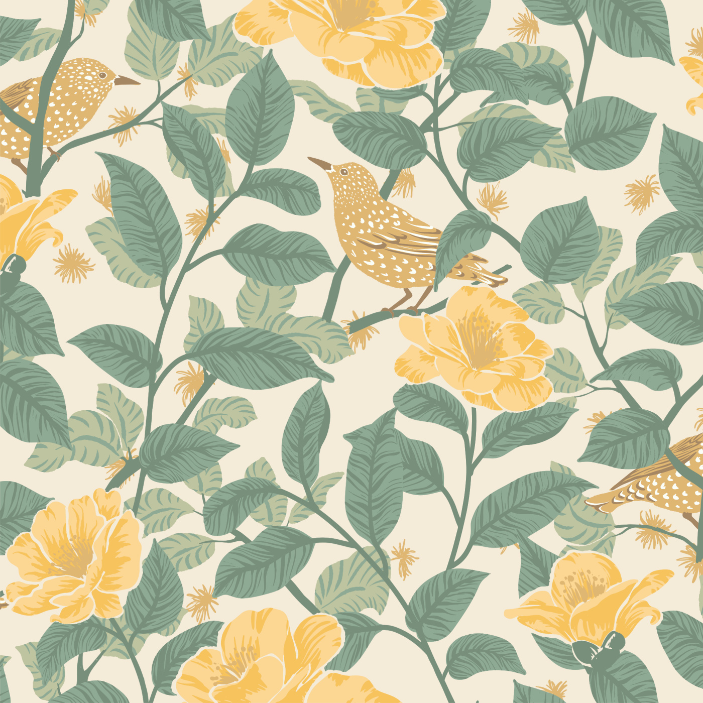 Starlings & Camellias Wallpaper