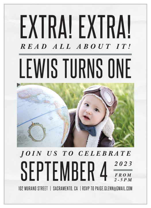 Your little one's special day is coming up, broadcast it to close friends and family and get them prepared to gather and party when you send out our Newspaper Article First Birthday Invitations.