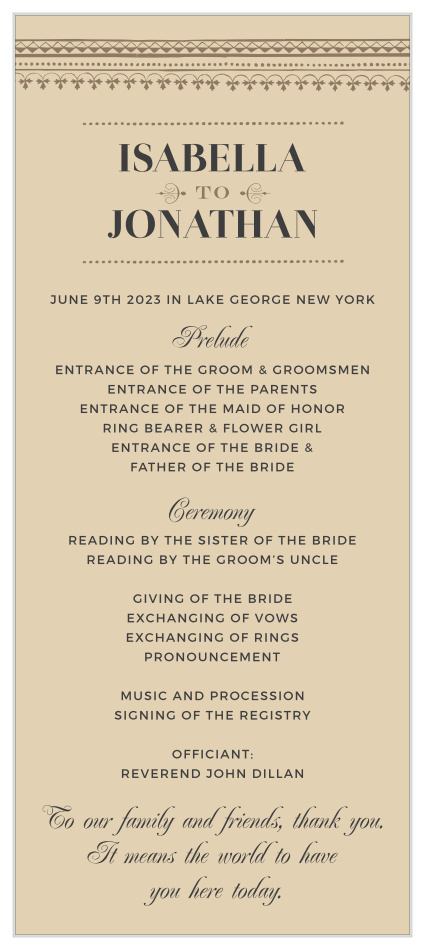 Detail every moment of your ceremony with the breathtaking design of our Vintage Admission Tea Wedding Programs.