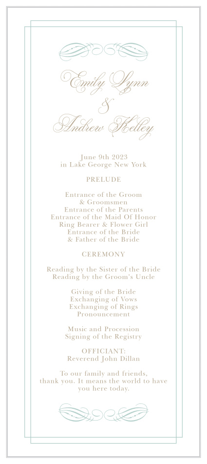 Start off your special day right with our Emily Swash Tea Wedding Programs.