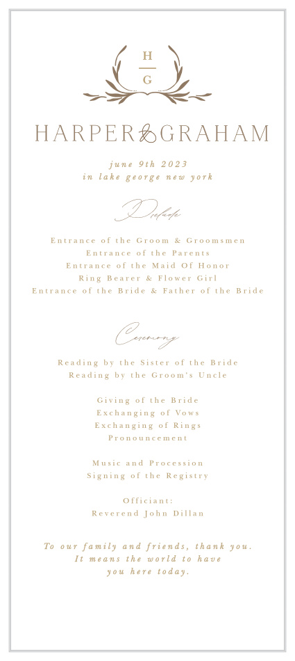 Walk family and friends through every step of your ceremony with our Monogrammed Minimalist Tea Wedding Programs.