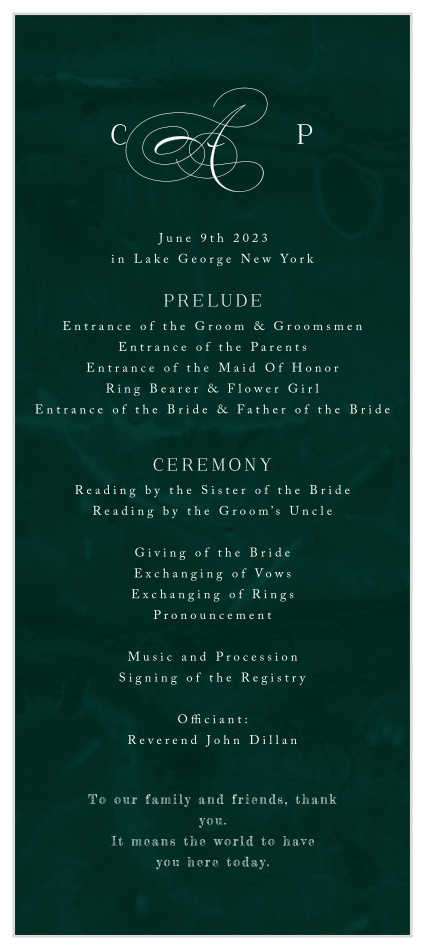 Our Formal Velveteen Wedding Programs are sure to spell out each unforgettable moment of your ceremony to family and friends.