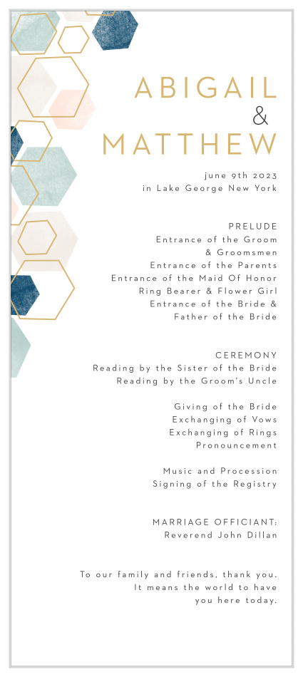 Keep family and friends in the loop throughout your ceremony with our Geometric Watercolor Wedding Programs. 