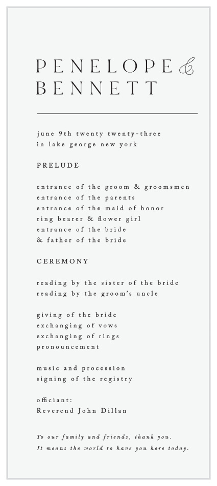 Walk family and friends through every step of your ceremony with our Minimal Magnfique Tea Wedding Programs.