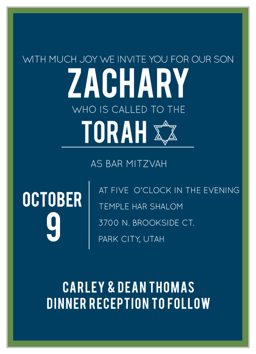 If you want to impress and excite your guests with an invitation for your Bar Mitzvah that is classy and simple, then the Bordered Bar Mitzvah is just what you're looking for!