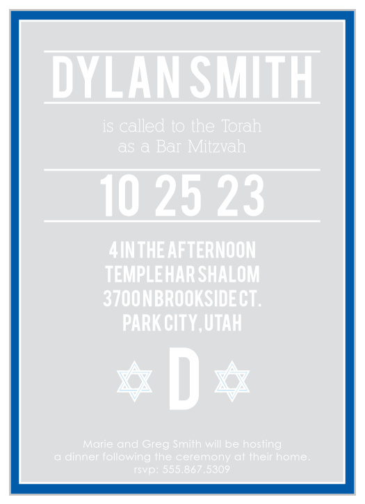 This Bar Mitzvah invite is the perfect choice for anyone wanting an invite that is straightforward, with just a touch of personality. Tons of room to add the information you need to, and a great monogram to make it 100% you.