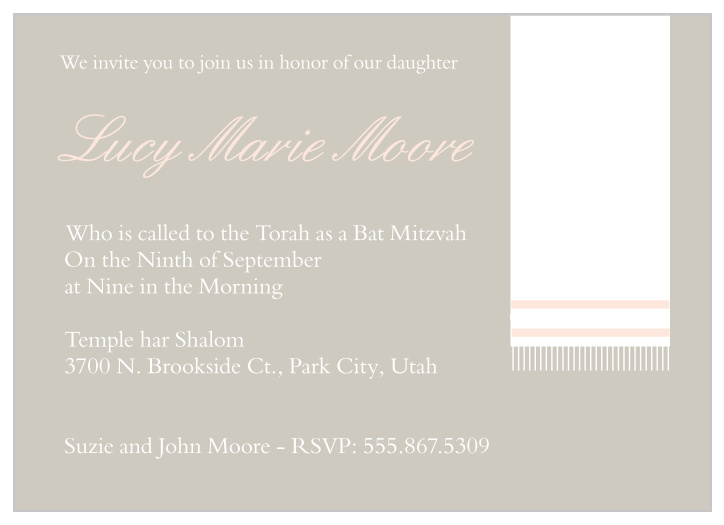 This Bat Mitzvah invite is beautifully adorned with a simple prayer shawl, and plenty of room to add all of your information.