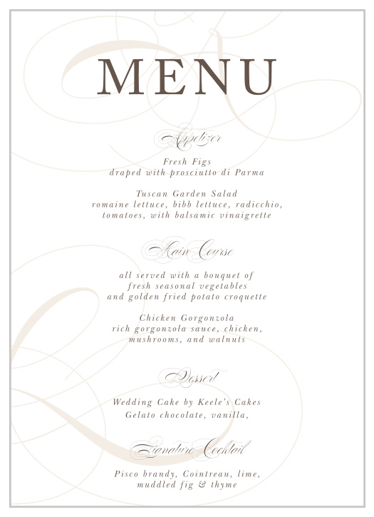Our Charming Script Wedding Menus describe each delicious dish that will be served at your reception.