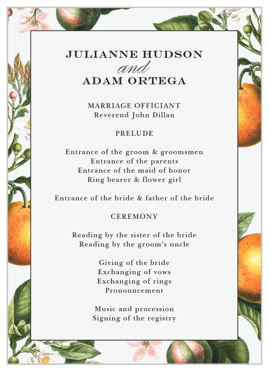 Keep family and friends in the loop throughout your ceremony with our Citrus Celebration Wedding Programs.