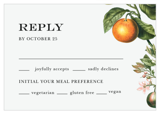 Our Citrus Celebration Response Cards are the perfect way to gather a headcount of every friend and family member that plans to attend your wedding.