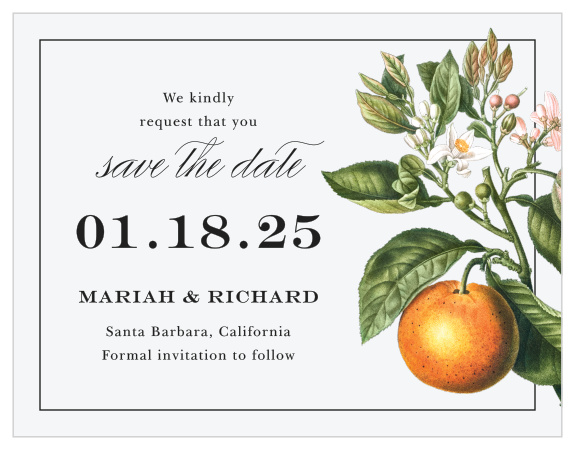 Our Citrus Celebration Save the Date Cards announce your upcoming wedding to family and friends.