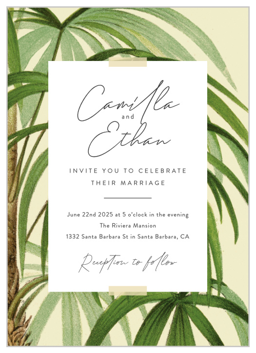 Set the scene for your tropical wedding with our Painted Palm Wedding Invitations.