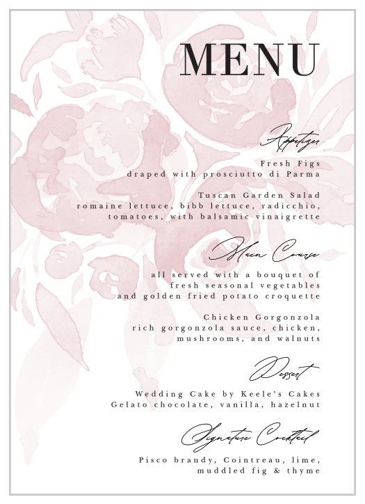 Our Fresh Peonies Wedding Menus let family and friends know what mouthwatering foods will be served at your reception.