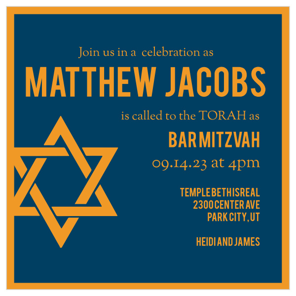 With its big bold lettering, and hefty border, this invite is the perfect Bar Mitzvah invite for someone looking to make an impression.