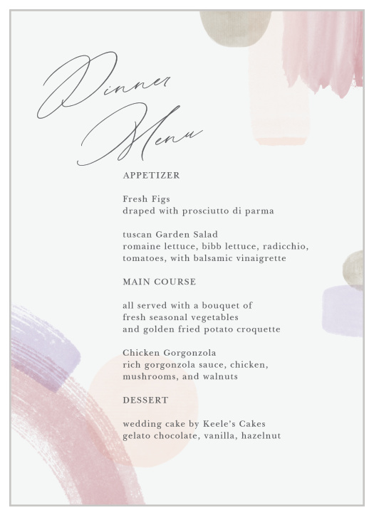 Describe each delicious dish that will be served at your reception to family and friends with our Painted Abstract Wedding Menus.