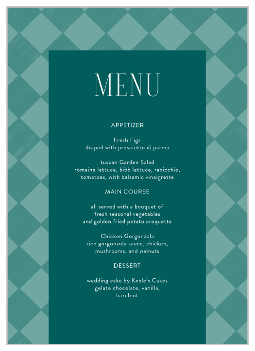Let family and friends know what mouthwatering foods you will be serving at your reception with our Classic Checker Wedding Menus.