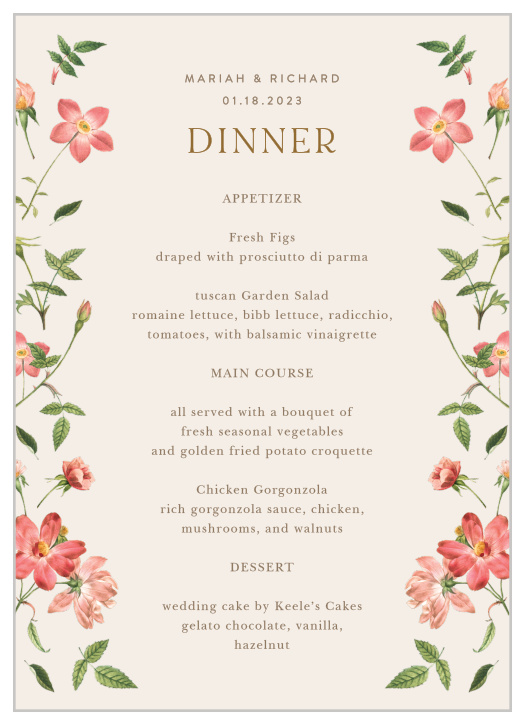 Let family and friends know what will be served at your reception with our Foraged Florals Wedding Menus.