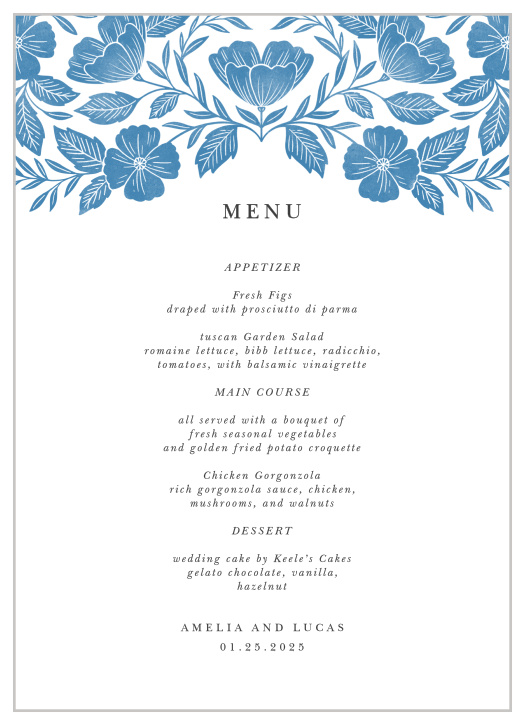 Our Fall in Love Wedding Menus describe the delicious dishes that will be served at your reception to family and friends.