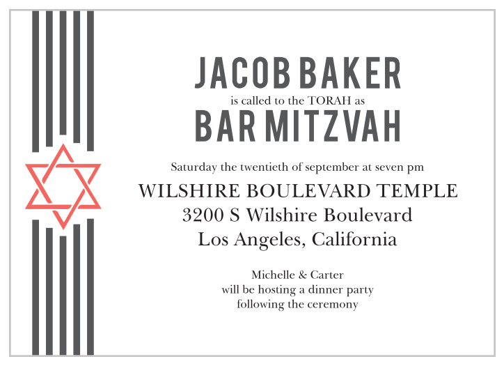 Bring together your loved ones for a celebration with our Trailing Ribbons Bar Mitzvah Invitations.