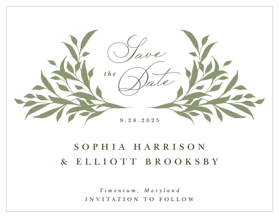 Set the mood for your wedding with our Leafy Crest Save the Date Cards.