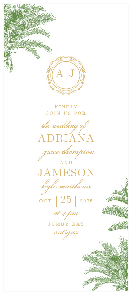 Get ready for the perfect wedding with our Caribbean Palm Tea Wedding Invitations. 
