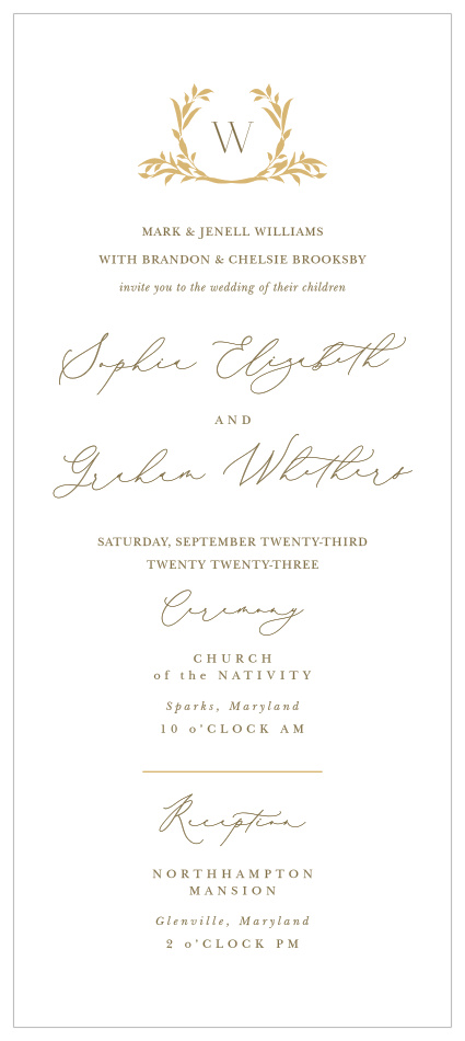 Your guests will be thrilled to celebrate with you when you send our Golden Crest Tea Wedding Invitations.