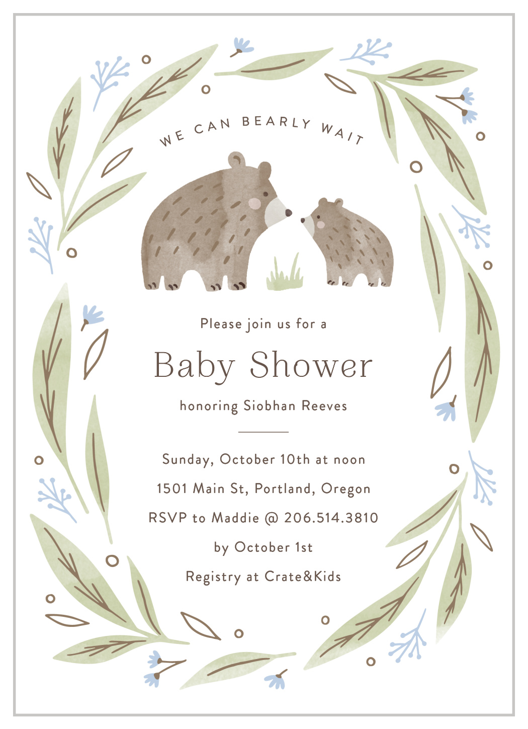 Beary Botanical Baby Shower Invitations