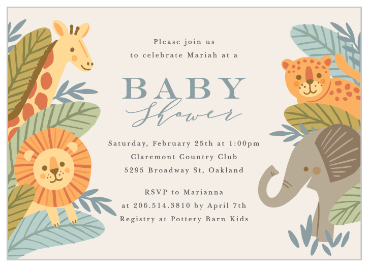 Bring family and friends together for a roaring good time with our Wild Safari Baby Shower Invitations.